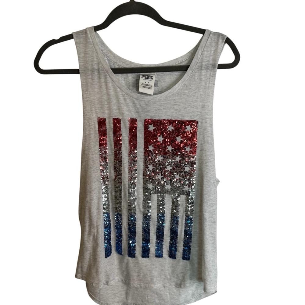 PINK Victoria's Secret Gray Tank with Red, Silver, and Blue Sequins Size Small